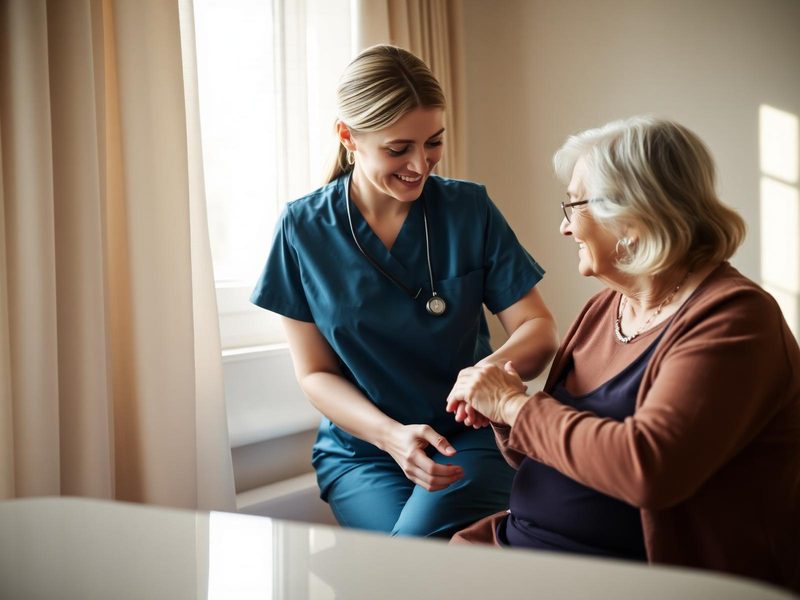 Pflegefachkraft des ambulanten Pflegedienstes betreut eine ältere Dame in ihrer Münchener Wohnung